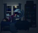 absurd_res anthro aquatic bat bed bedroom bookshelf duo fish french_kissing frill_(anatomy) from_front_position furniture hand_holding hi_res holding_face horn kissing legs_around_partner legs_around_waist lying male male/male mammal missionary_position moon nunyahbis on_back on_bed romantic sex shark