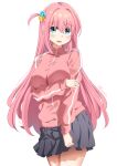  1girl absurdres blue_eyes blush bocchi_the_rock! breasts buwad cube_hair_ornament gotoh_hitori grey_skirt hair_ornament highres jacket large_breasts long_hair long_sleeves looking_at_viewer one_side_up open_mouth pink_hair pink_jacket skirt solo track_jacket 