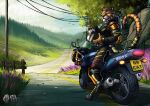 absurd_res anthro armor black_bodysuit black_clothing black_nose black_skinsuit blue_sky bodysuit clothed clothing cloud day digitigrade facial_markings felid fur glistening glistening_eyes grass green_eyes head_markings head_tuft headgear helmet hi_res holding_armor holding_headgear holding_helmet holding_object hufnaar male male_anthro mammal markings motorcycle mouth_closed orange_body orange_fur outside pantherine plant rock skinsuit sky solo striped_body striped_face striped_fur striped_markings striped_tail stripes tail tail_markings tiger tight_clothing tuft vehicle whiskers white_body white_fur