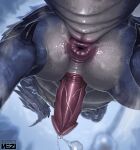2021 animal_genitalia animal_penis anus ashen_lao-shan_lung blue_body blue_scales bodily_fluids butt butt_focus capcom claws close-up colored countershading depth_of_field digital_media_(artwork) digital_painting_(artwork) dripping erection feral genital_fluids genital_focus genital_slit genitals hi_res horn larynkir light_body light_scales looking_down low-angle_view male monster_hunter nezirozi outside painting_(artwork) penis penis_focus precum precum_drip puffy_anus scales shaded sky solo spikes spikes_(anatomy) vein veiny_penis watermark