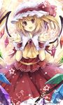  blonde_hair brooch brown_eyes flandre_scarlet hagiwara_rin hat jewelry jpeg_artifacts open_mouth outstretched_hand red_eyes short_hair side_ponytail smile solo touhou wings wrist_cuffs 