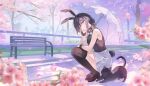  1girl absurdres animal_ear_hairband animal_ears bench black_cat black_choker black_hair black_shirt black_thighhighs blurry blush bow bowtie breasts cat chainsaw_man cherry_blossoms choker chromatic_aberration city closed_mouth commentary_request day depth_of_field fake_animal_ears full_body green_eyes hair_between_eyes hair_bun hairband head_rest highres long_hair_between_eyes looking_to_the_side mary_janes medium_breasts miniskirt outdoors petals pink_petals rabbit_ear_hairband rabbit_ears rabbit_tail reze_(chainsaw_man) ropppiu_u shirt shoes short_hair sidelocks single_hair_bun skirt sleeveless smile solo squatting tail thighhighs umbrella white_bow white_bowtie white_skirt white_umbrella wrist_cuffs 