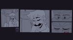 2023 4_panel_comic anthro artist_logo artist_name bathroom bent_legs biped black_border black_eyebrows black_facial_hair black_mustache blush bodily_fluids border bowser close-up clothed clothed_human clothed_male clothing comic digital_drawing_(artwork) digital_media_(artwork) drooling duo english_description english_text eyebrows eyes_closed facial_hair faucet feeniroir fully_clothed fully_clothed_human fully_clothed_male grey_body grey_clothing grey_eyebrows grey_eyes grey_hair grey_overalls grey_scales grey_sclera grey_shirt grey_skin grey_tongue grey_topwear grey_wall hair heart_symbol hi_res human inside koopa lidded_eyes logo luigi male male_anthro male_human mammal mario_bros mustache nintendo number overalls partially_colored plumber saliva scales scalie shirt short_hair sigh sighing sleeping soap_dispenser sound_effects sparkles text thick_eyebrows tongue topwear vowelless vowelless_sound_effect wall_(structure) zzz