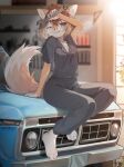 2025 anthro artist_name black_clothing black_nose blue_car breasts canid canine canis car chest_tuft clothing dipstick_tail domestic_dog eyewear feet female ford fur glasses green_eyes grin hair hi_res hindpaw janiskisa kemono light looking_at_viewer macey_(dogcaller) mammal markings mechanic multicolored_hair one_eye_closed overalls paws round_glasses shiba_inu short_hair short_sleeved_shirt sitting small_breasts smile solo spitz sunlight tail tail_markings tan_body tan_fur tan_hair text tools tuft vehicle white_hair white_tail_tip workshop wrench