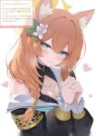  1girl animal_ear_fluff animal_ears black_bra blue_archive blue_eyes blush bra breasts cat_ears cleavage clothes_pull commentary_request dress_pull flower hair_flower hair_ornament halo heart heart-shaped_pupils highres lace lace_bra long_hair looking_at_viewer mari_(blue_archive) nenne_(sleeping) nun orange_hair own_hands_together small_breasts smile solo sweat symbol-shaped_pupils underwear white_background white_flower yellow_halo 