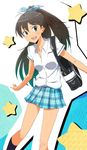  bag black_hair blue_eyes ganaha_hibiki highres idolmaster idolmaster_(classic) long_hair plaid ponytail rough_time_school school_uniform seven_(harida) solo 