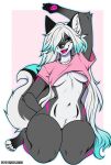 4_toes 5_fingers anthro big_breasts black_markings black_nose blue_eyes blue_hair bottomless breasts butterfliess canid canine canis clothed clothing cocked_hip collarbone colored digital_drawing_(artwork) digital_media_(artwork) feet female fingers fur grey_body grey_fur hair hair_over_eye hi_res inner_ear_fluff kneeling long_hair mammal markings multicolored_body multicolored_fur navel open_mouth open_smile paws pink_clothing pink_markings pink_shirt pink_topwear raised_arm raised_clothing raised_shirt raised_topwear shaded shirt shirt_only small_waist smile smug solo tail teeth thick_thighs toes topwear topwear_only tuft under_boob white_body white_fur white_hair wide_hips wolf
