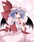  bat_wings blue_hair blush cherry_blossoms hat kurono_yuzuko pink_eyes remilia_scarlet short_hair smile solo touhou wings 