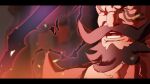  1boy ^_^ beard close-up closed_eyes commentary courtneyemmet english_commentary facial_hair facial_tattoo haki_(one_piece) harald_(one_piece) highres letterboxed male_focus mustache one_piece open_mouth smile solo tattoo 