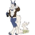 1:1 absurd_res alpha_channel anthro aviator_jacket beverage blue_body blue_fur blue_pawpads bottomwear clothing denim denim_bottomwear denim_clothing digitigrade electronics fenril_(spicy_flakes) fur hi_res hybrid jeans long_tail male neck_tuft pants pawpads phone phone_call piersohn_polhari_fox rabbit_ears shirt skull_bunz_official solo tail topwear tuft watermark white_body white_clothing white_fur white_shirt white_topwear