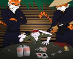 ak-47 ak_platform alcohol anthro army_uniform asian_conical_hat assault_rifle beer beverage blood bodily_fluids card clothing felid femboy forced fur furniture group gun handgun hat headgear headwear kerchief lagomorph leporid male male/male mammal money muscular muscular_male pantherine rabbit ranged_weapon revolver rifle russian_roulette stripes suicide sweat table tiger trio vietnam_war villegreen weapon white_body white_fur