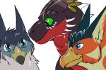 2022 ambiguous_feral ambiguous_gender avian beak blue_eyes bust_portrait cheek_spikes cheek_tuft dragon facial_spikes facial_tuft feral glistening glistening_eyes green_eyes group gryphon maplegryph mythological_avian mythological_creature mythological_scalie mythology nightarm pointy_ears portrait scalie simple_background smile snout spikes spikes_(anatomy) syrrik teal_eyes torvid tuft white_background