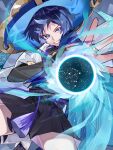  1boy belt black_belt black_bow black_bridal_gauntlets black_hole black_shorts blue_hat blue_jingasa blue_kimono blunt_ends bow bridal_gauntlets bright_pupils commentary_request eyeliner genshin_impact gold gold_ring grey_background grin hakama hakama_shorts hat highres japanese_clothes jingasa juban kimono leg_warmers looking_at_viewer makeup male_focus middle_ring open_hand pleated_shorts purple_eyes purple_hair purple_rope purple_sash raimu_(raimuo_illust) red_eyeliner rope sash scaramouche_(genshin_impact) short_sleeves shorts smile solo tassel teeth uneven_eyes vortex wanderer_(genshin_impact) white_kimono white_leg_warmers white_pupils white_sleeves wind 