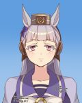  1girl 927ming animal_ears blunt_bangs blush bow bowtie brown_hat closed_mouth collarbone ear_bow gold_ship_(umamusume) grey_hair hat horse_ears horse_girl long_hair looking_at_viewer pillbox_hat portrait purple_eyes purple_sailor_collar purple_shirt sailor_collar sailor_shirt school_uniform shirt simple_background solo tracen_school_uniform umamusume white_bow white_bowtie 