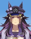  1girl 927ming animal_ears black_hair blush bow bowtie closed_mouth collarbone ears_through_headwear fenomeno_(umamusume) flipped_hair hat horse_ears horse_girl horseshoe_hat_ornament horseshoe_ornament long_hair looking_at_viewer multicolored_hair peaked_cap portrait purple_eyes purple_hair purple_sailor_collar purple_shirt sailor_collar sailor_shirt school_uniform shirt simple_background solo tracen_school_uniform umamusume white_bow white_bowtie 