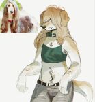 2024 afghan_hound anthro archived_source arm_hair armpit_hair belt black_belt blonde_hair body_hair bottomwear bulge canid canine canis chest_hair clothing collar collarbone colored_sketch countershade_face countershade_torso countershading crop_top denim denim_bottomwear denim_clothing domestic_dog ear_piercing facial_hair femboy flat_chested floppy_ears fur green_clothing green_collar green_crop_top green_shirt green_topwear grey_bottomwear grey_clothing grey_jeans grey_pants hair hair_over_eyes happy_trail hi_res hunting_dog jeans long_hair male mammal midriff multi_nipple navel nipples pants piercing portrait reference_image shaded shirt sighthound simple_background sketch slim_anthro snout soft_shading solo stubble tan_body tan_fur teats three-quarter_portrait three-quarter_view topwear trans_(lore) trans_woman_(lore) white_background white_body white_fur wolfertinger