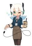  1girl :q ;q aqua_eyes aqua_nails black_jacket black_pantyhose blush brown_skirt bubble_tea commentary cropped_legs cup digitan_(porforever) disposable_cup double-parted_bangs drinking_straw electric_plug electric_plug_tail english_commentary gyaru_v highres holding holding_cup jacket lanyard long_hair looking_at_viewer nail_polish office_lady one_eye_closed original pantyhose pencil_skirt porforever power_symbol robot_ears shirt simple_background skirt smile solo sparkle symbol-shaped_pupils tail tongue tongue_out v white_background white_hair white_shirt wing_collar wristband 