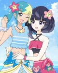  2girls :d ;d blue_eyes blue_shirt canari_(pokemon) cloud commentary_request cosplay day eyelashes flower gloria_(pokemon) gloria_(pokemon)_(cosplay) gloria_(summer_2021)_(pokemon) grey_eyes gwynn_(pokemon) hair_flower hair_ornament hand_up happy highres jewelry kurumu_(raimu810pk) light_blush marnie_(pokemon) marnie_(pokemon)_(cosplay) marnie_(summer_2021)_(pokemon) multicolored_hair multiple_girls necklace one_eye_closed open_mouth outdoors pink_flower pokemon pokemon_legends:_z-a pokemon_masters_ex print_sarong raised_inner_eyebrows sarong scrunchie shirt sky sleeveless sleeveless_shirt smile twintails wrist_scrunchie 