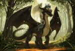 all_fours black_body black_scales blue_body blue_fur blue_tail darkforestt dragon duo european_mythology feral forest forest_background fur furred_dragon furred_scalie happy hi_res horn kai_(truthspeaker) larger_male male male/male mythological_creature mythological_scalie mythology plant raised_wings scales scalie size_difference sleeping smaller_male spikes spread_wings tail tired tree western_dragon white_body white_fur white_scales wings winter_(truthspeaker)