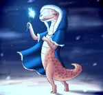 2024 5_fingers ambiguous_gender anthro arms_bent bearyboo bedroom_eyes biped blue_background blue_cape blue_clothing blue_fire blue_lighting blush cape clothing colored colored_fire contiguous_snout cute_fangs digital_drawing_(artwork) digital_media_(artwork) digitigrade elden_ring eyelashes fangs female_(lore) fingers fire fromsoftware green_eyes hi_res holding_object holding_torch hooded_cape legged_snake lit_torch long_body long_neck looking_aside looking_at_viewer manserpent narrowed_eyes night nude open_mouth orange_body orange_scales outside pupils reptile rounded_snout scales scalie seductive shaded short_tail simple_background slit_pupils smile snake snout snow snowing soft_shading solo standing tail tapering_tail teeth thick_tail torch ventral_scales winter zorayas