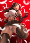  1girl abs black_hair black_thighhighs born-to-die breasts cameltoe commentary earrings elbow_pads english_commentary final_fantasy final_fantasy_vii final_fantasy_vii_remake fingerless_gloves gloves highres jewelry large_breasts long_hair midriff navel panties red_eyes single_arm_guard single_elbow_pad skirt solo suspender_skirt suspenders tank_top teardrop_earrings thighhighs tifa_lockhart underwear white_panties white_tank_top 