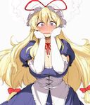  @_@ ario blonde_hair blush breasts choker cleavage corset elbow_gloves full-face_blush gloves hands_on_own_face hat head_steam large_breasts long_hair looking_at_viewer open_mouth purple_eyes ribbon ribbon_choker solo steam steaming_body sweat touhou white_gloves wide_hips yakumo_yukari 
