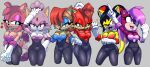 amy_rose annoyed anthro archie_comics armwear black_body black_bodysuit black_clothing black_fur black_hair black_nose black_skinsuit blaze_the_cat blue_eyeshadow blue_lipstick bodysuit bodysuit_pull breasts brown_body brown_fur brown_hair canid canine cheek_tuft chipmunk cleavage clothed clothing cosplay cross-popping_vein dipstick_tail domestic_cat elbow_gloves eulipotyphlan eyelashes eyeshadow facial_tuft fangs felid feline felis female fiona_fox forehead_gem fox front_view fur gem gloves green_eyes grey_background ground_squirrel group hair hand_on_head hand_on_hip hands_behind_head handwear head_tuft heart_symbol hedgehog hi_res honey_the_cat lipstick looking_at_viewer makeup mammal markings narrowed_eyes navel_outline one_eye_closed open_mouth open_smile orange_eyes pigtails pink_body pink_eyeshadow pink_fur pink_hair pink_lipstick purple_body purple_eyeshadow purple_fur purple_lipstick red_body red_fur red_hair red_lipstick rodent rouge_costume rouge_the_bat sally_acorn sciurid sega short_hair simple_background skinsuit smile sonia_the_hedgehog sonic_the_fighters sonic_the_hedgehog_(archie) sonic_the_hedgehog_(comics) sonic_the_hedgehog_(series) sonic_underground tail tail_markings tail_motion tailwag tan_body tan_fur teeth thecakeee thick_thighs tight_clothing tuft white_body white_clothing white_fur white_gloves white_handwear wide_hips wink winking_at_viewer yellow_body yellow_eyes yellow_fur
