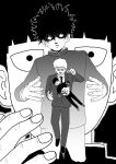  blank_eyes bowl_cut commentary_request ekubo_(mob_psycho_100) gakuran greyscale kageyama_shigeo kageyama_shigeo_(???) mob_psycho_100 monochrome necktie one_(artist) open_mouth recursion reigen_arataka school_uniform smile suit 