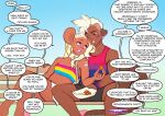 anthro bench bisexual_pride_colors bottomwear breasts brown_body brown_fur clothed clothing dialogue digital_media_(artwork) duo ear_piercing ear_ring english_text eyebrow_piercing eyeshadow facial_piercing female food fur gynomorph_(lore) hair hi_res holding_food holding_object lgbt_pride lgbt_pride_month lipstick looking_at_another makeup male mammal mouse multicolored_clothing murid murine mustelid otter pansexual_pride_colors piercing pride_color_clothing pride_colors rainbow_pride_colors ring_piercing rodent shirt shorts simple_background sitting speech_bubble spread_legs spreading stated_sexuality tail tank_top text toast-arts topwear trans_(lore) trans_woman_(lore) transgender_pride_colors wristband