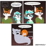 1:1 anthro ball basketball_(ball) basketball_hoop brown_body brown_fur brown_hair canid canine canis cheek_tuft clothing comic dialogue english_text facial_tuft fangs fox fur ghost green_body green_fur green_highlights group hair hi_res highlights_(coloring) mammal open_mouth open_smile orange_body orange_fur shirt smile spirit tank_top teeth text topwear trio tuft v-neck white_body white_fur white_hair wolf zephyri_q_wolf zephyriwolf