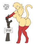 2025 allie_goldwheat anthro armwear big_breasts big_butt bound breasts butt clothing dialogue digital_media_(artwork) domestic_cat elbow_gloves english_text felid feline felis female fur gloves hair hands_tied handwear hexteknik hi_res legwear long_hair mammal red_armwear red_clothing red_elbow_gloves red_gloves red_handwear red_legwear red_thigh_highs solo tail tan_body tan_fur tan_hair text thigh_highs