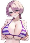  1girl arimura_mao bare_shoulders bikini blue_eyes blush breasts cleavage closed_mouth collarbone commentary_request gakuen_idolmaster hair_over_one_eye idolmaster large_breasts looking_at_viewer marumai pink_hair purple_bikini short_hair smile solo striped_bikini striped_clothes swimsuit 