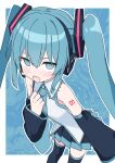  1girl @_@ aqua_eyes aqua_hair aqua_necktie aqua_trim black_skirt black_sleeves black_thighhighs blue_background blush border breasts collared_shirt commentary_request detached_sleeves frilled_shirt frills from_above hair_between_eyes hair_ornament hand_on_own_chest hatsune_miku headphones headset highres kaie long_hair long_sleeves looking_at_viewer looking_up miniskirt necktie number_tattoo open_mouth outline pleated_skirt shirt shoulder_tattoo simple_background skirt sleeveless sleeveless_shirt small_breasts solo tattoo thighhighs twintails untucked_shirt very_long_hair vocaloid white_border white_outline white_shirt zettai_ryouiki 