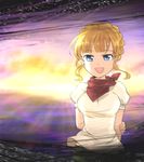  :d arms_behind_back bandana beatrice_castiglioni blonde_hair blue_eyes blurry fang holding_arm light open_mouth shirt sketch smile solo tanada umineko_no_naku_koro_ni 