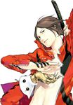  apollo_(persona_2) artist_request brown_eyes brown_hair hood katana looking_at_viewer male_focus open_clothes persona persona_2 solo suou_tatsuya sword weapon 