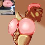 1:1 absurd_res anthro backsack balls big_butt big_tail bodily_fluids butt butt_focus cum dessert doughnut ejaculation eyeless food genital_fluids genitals hands-free hi_res humanoid_genitalia humanoid_penis male meme parazyte666 pastry penis presenting presenting_hindquarters sentient_food smile solo tail teeth text tongue tongue_out