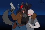 anthro belt belt_buckle belt_pouch black_hair blush blush_lines bottomwear breasts bubble buckle clothing denim denim_bottomwear denim_clothing drunk drunk_bubble duo ears_up eyebrows faceless_character faceless_male female female_anthro freya_(gorgonwriting) fur gorgonwriting grey_body grey_fur gun hair hand_on_another's_shoulder hand_on_shoulder hi_res holding_gun holding_object holding_ranged_weapon holding_weapon human human_on_anthro interspecies jacket jeans looking_at_another male male_human mammal night open_mouth outside pants ranged_weapon red_eyes red_hair shirt substance_intoxication tail teeth teeth_showing tomboy tongue topwear weapon