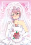  aikura_(twilight_dusk) bare_shoulders blush body_blush bouquet braid bridal_veil bride darker_than_black dress elbow_gloves face flower gloves green_eyes jewelry long_hair red_flower red_hair red_rose rose single_braid solo strapless strapless_dress suou_pavlichenko tiara veil wedding_dress 