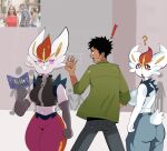 :3 absurd_res anthro armwear black_clothing black_crop_top black_hair black_shirt black_topwear bottomwear butt c0cobeanz cinderace clothing crop_top crowd denim denim_bottomwear denim_clothing distracted_boyfriend elbow_gloves evil_grin exclamation_point eyelashes female female_anthro furgonomics generation_8_pokemon gloves glowing glowing_eyes green_clothing green_jacket green_topwear grey_clothing grey_gloves grey_handwear grin group hair handwear hi_res holding_object human jacket jeans male male_human mammal meme navel nintendo pants pink_eyes pokemon pokemon_(species) question_mark scared shirt smile standing stealing topwear trio_focus wide_hips