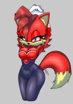 anthro archie_comics armwear black_bodysuit black_clothing black_nose black_skinsuit bodysuit breasts brown_hair canid canine cheek_tuft cleavage clothed clothing cosplay dipstick_tail elbow_gloves eyelashes facial_tuft female fiona_fox fox front_view fur gloves green_eyes grey_background hair hands_behind_head handwear head_tuft lipstick looking_at_viewer makeup mammal markings narrowed_eyes navel_outline red_body red_fur red_lipstick rouge_the_bat sega simple_background skinsuit smile solo sonic_the_hedgehog_(archie) sonic_the_hedgehog_(comics) sonic_the_hedgehog_(series) tail tail_markings tan_body tan_fur thecakeee thick_thighs tight_clothing tuft white_clothing white_gloves white_handwear wide_hips