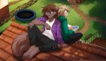  2boys animal_ears animal_feet arm_support back-to-back ball barefoot basitin_(twokinds) basketball_(object) black_pants book brown_eyes brown_hair claws commentary english_commentary fan_request fence flannel furry furry_male green_hoodie highres holding holding_book hood hood_down hoodie keith_keiser long_hair long_sleeves male_focus multiple_boys natani official_art on_roof open_clothes open_shirt outdoors pants pawpads purple_shirt shirt short_hair sitting smile snout tail tom_fischbach torn_clothes torn_pants trampoline twokinds white_shirt wolf_boy wolf_ears wolf_tail yellow_eyes 