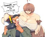 ahoge annoyed bandage bandaged_chest big_breasts big_claws black_hair breasts brown_hair claws cleavage clothed clothing electronics english_text eyewear female female_humanoid gaming glasses glistening glistening_body glistening_skin hair holding_object holding_phone huge_breasts human humanoid long_hair male male_human mammal monster_girl_(genre) netardado open_mouth phone playing_video_game short_hair simple_background teeth text tongue white_background