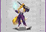 anthro armwear bandai_namco belt big_breasts black_sclera blue_body bottomwear breasts claws clothed clothing diamond_(gem) digimon digimon_(species) digital_media_(artwork) digitigrade feet female fur gem hi_res holding_object holding_weapon looking_at_viewer magic mammal markings pants purple_bottomwear purple_clothing purple_pants ranged_weapon renamon rim_light riot_games scarlet_side smile solo stylized tail tencent under_boob valorant weapon weapon_on_shoulder white_body white_fur yellow_body yellow_fur