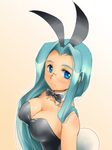  animal_ears blue_eyes bunny_ears bunnysuit glasses green_hair long_hair original solo yagisaka_seto 