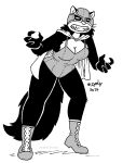2024 anthro boots breasts cape catherine_o'daisies cleavage clothed clothed_female clothing female footwear fur greyscale hi_res lucha_libre_mask mammal mask mephitid monochrome open_mouth shoes skunk solo sports_mask sportswear teeth tegerio whiskers wrestling_mask zandar's_saga