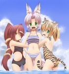  animal_ears animal_print ass bikini casual_one-piece_swimsuit cloud day fang fukunomiya_koko green_eyes kuromiya long_hair multicolored_hair multiple_girls navel one-piece_swimsuit orange_hair original outdoors red_hair silver_hair sky striped striped_bikini striped_swimsuit swimsuit tail tankini thigh_gap tiger_print tiger_tail torafuji_nagi tsuchimi_minori twintails two-tone_hair very_long_hair water yellow_eyes 