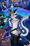 anthro aroused blue_hair bodily_fluids breasts charr clothing cover cover_art domestic_cat drooling fangs felid feline felis female fur genitals green_eyes grey_body grey_fur guild_wars hair heat_(temperature) hi_res horn kyu-maru mammal mimic nipples open_mouth restrained restrained_by_tentacles saliva sex solo teeth tentacle_sex tentacles vulva wardrobe_malfunction white_body white_fur