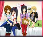  5girls :3 akiyama_mio bad_id bad_pixiv_id bed blue_legwear boots denim earrings hair_bobbles hair_ornament hat hat_removed headwear_removed highres hirasawa_yui jeans jewelry k-on! kf kotobuki_tsumugi lap_pillow listen!! multiple_girls nakano_azusa one_eye_closed pants pantyhose peaked_cap polka_dot red_legwear side_ponytail tainaka_ritsu yuri 