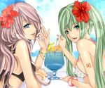  aqua_eyes bad_id bad_pixiv_id bikini blue_eyes blue_hawaii bracelet drink drinking_straw flower green_hair hair_flower hair_ornament hair_over_one_eye hatsune_miku hibiscus jewelry long_hair megurine_luka multiple_girls pink_hair roku_(hikokeng) smile swimsuit tropical_drink twintails vocaloid 