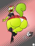 4_fingers aliasing anthro apple artist_logo artist_name bar_emanata bear big_butt blush blush_lines bodily_fluids boots bottomwear bubble_butt buckteeth butt butt_jiggle candy candy_apple clothed clothing cosplay countershade_face countershading crossdressing crossover crossover_cosplay curvy_figure danganronpa dessert dialogue digital_media_(artwork) duo emanata english_text eyelashes femboy fingers food footwear fruit fur green_body green_fur halftone halftone_background happy_tree_friends heart_nose heart_symbol hi_res high_heeled_boots high_heels huge_butt jiggling junko_enoshima knee_boots knee_highs legwear logo lollipop male mammal monokuma nutty_(htf) open_mouth open_smile pattern_background plant rodent sciurid shoes signature simple_background skirt small_waist smile solo_focus spike_chunsoft sweat sweatdrop tail teeth text thatdawgmurray thick_thighs tree_squirrel underwear wasp_waist wide_hips